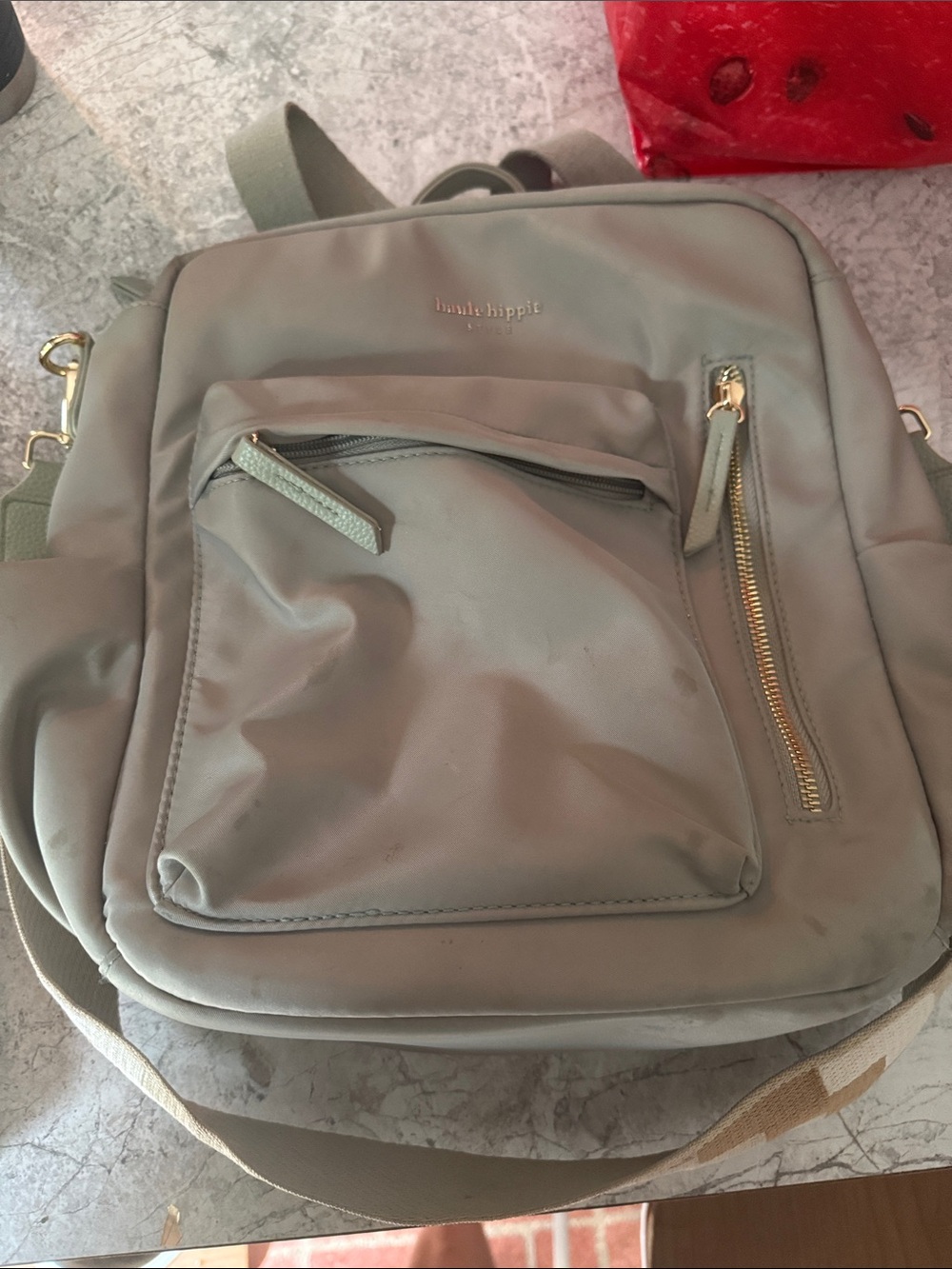 Haute Hippie sage green nylon backpack with gold hardware